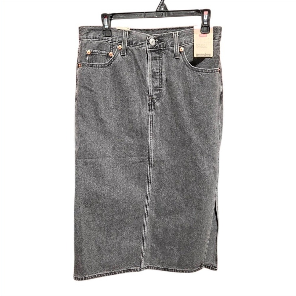 Levi's Side Slit Midi Jean Skirt Women's Washed Black Denim Midi 28" Waist New - Picture 4 of 9